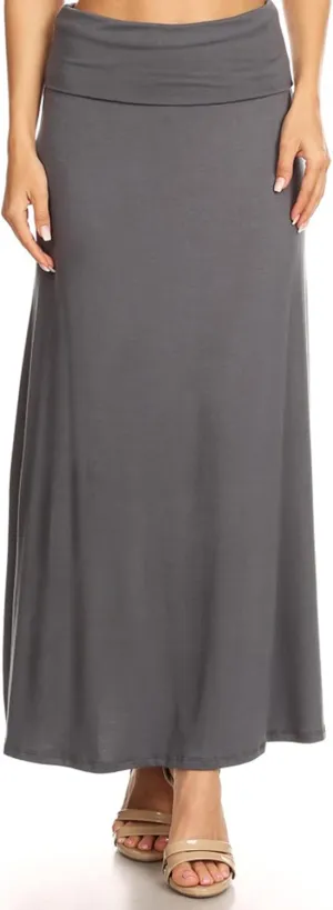 Women's Stylish Spandex Comfy Fold-Over Flare Long Maxi Skirt Made in USA