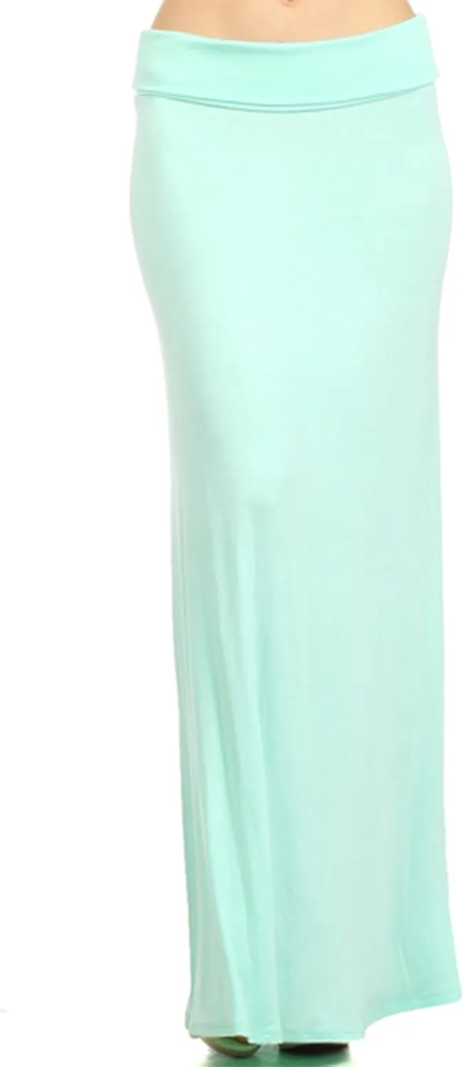 Women's Stylish Spandex Comfy Fold-Over Flare Long Maxi Skirt Made in USA