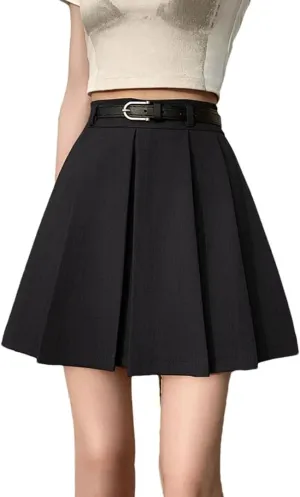 Women's Summer High Waisted Slim A-Line Mini Suit Skirt Lightweight Stretchy Flared Casual Pleated Skirts