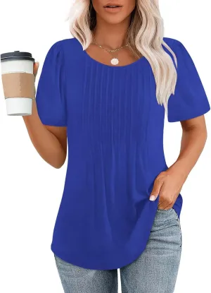 Womens Summer Short Sleeve Pleated Tops Crew Neck Puff Sleeve Blouses Tunic Tops 2024 Loose Fit Dressy Casual T Shirts