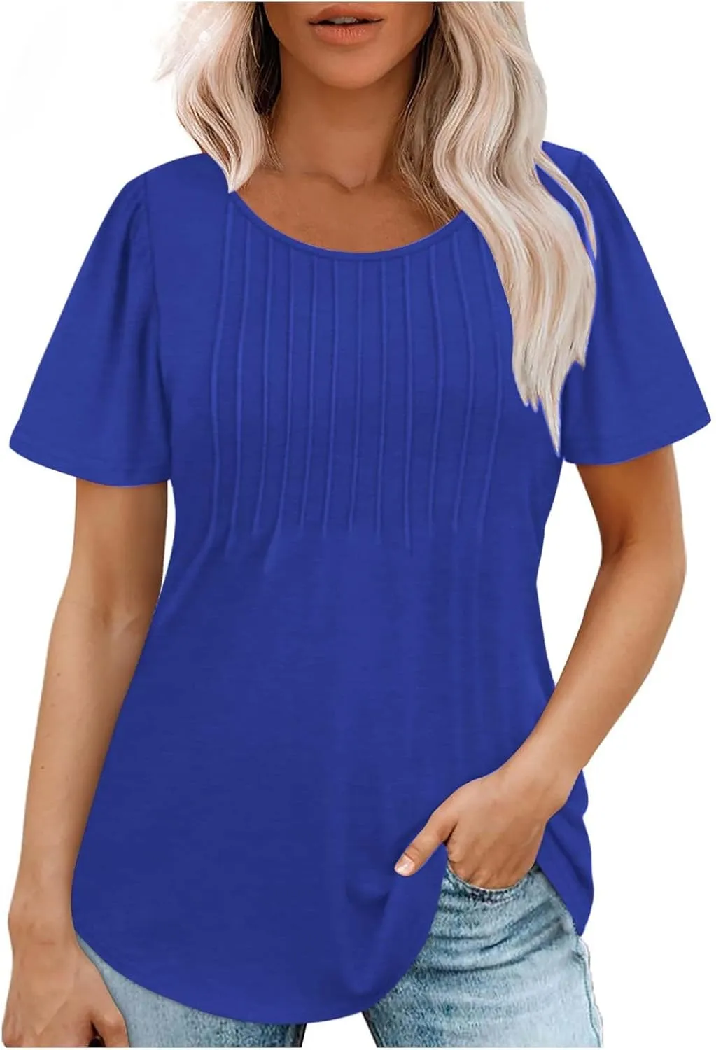 Womens Summer Short Sleeve Pleated Tops Crew Neck Puff Sleeve Blouses Tunic Tops 2024 Loose Fit Dressy Casual T Shirts