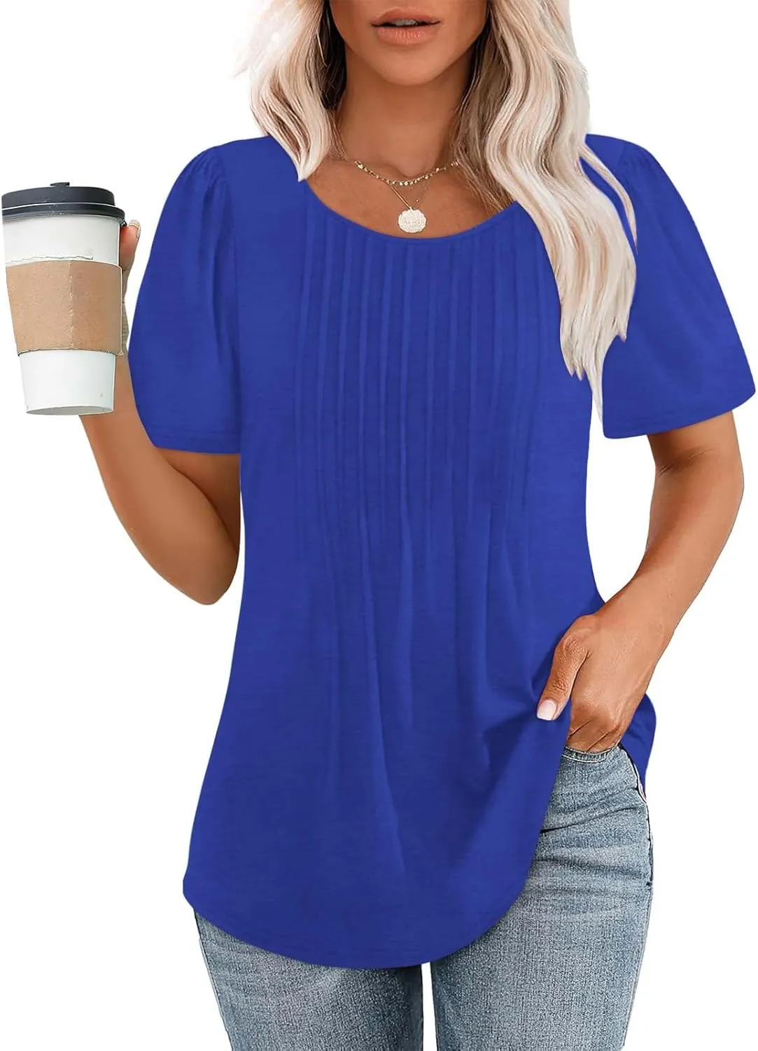 Womens Summer Short Sleeve Pleated Tops Crew Neck Puff Sleeve Blouses Tunic Tops 2024 Loose Fit Dressy Casual T Shirts