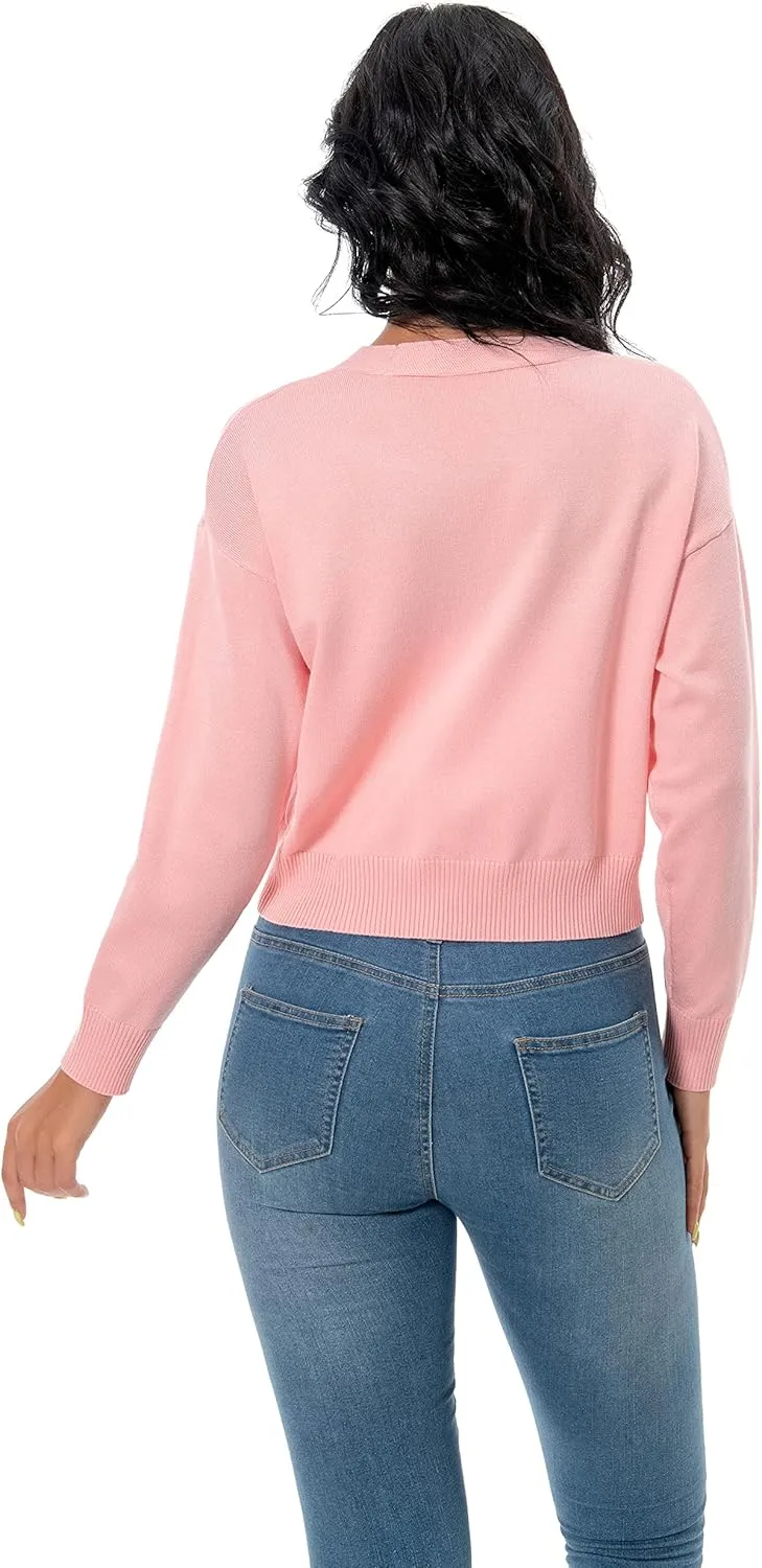 Women's V Neck Long Sleeve Cropped Cardigan Sweaters Solid Button Down Knit Bolero Shrugs