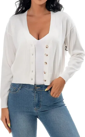 Women's V Neck Long Sleeve Cropped Cardigan Sweaters Solid Button Down Knit Bolero Shrugs