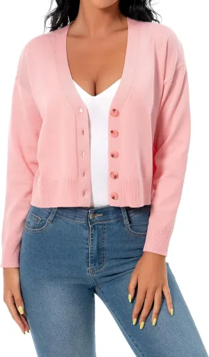 Women's V Neck Long Sleeve Cropped Cardigan Sweaters Solid Button Down Knit Bolero Shrugs