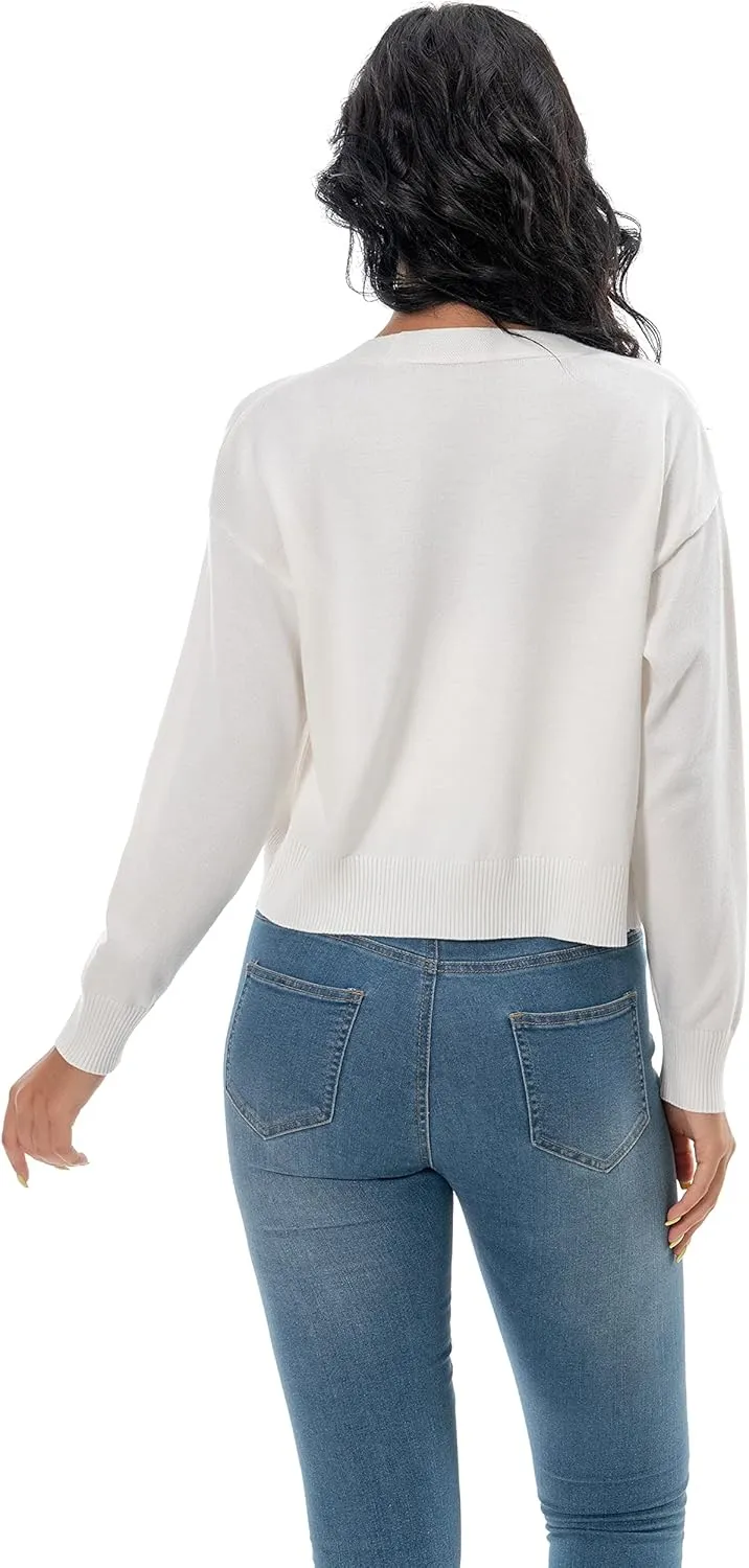 Women's V Neck Long Sleeve Cropped Cardigan Sweaters Solid Button Down Knit Bolero Shrugs