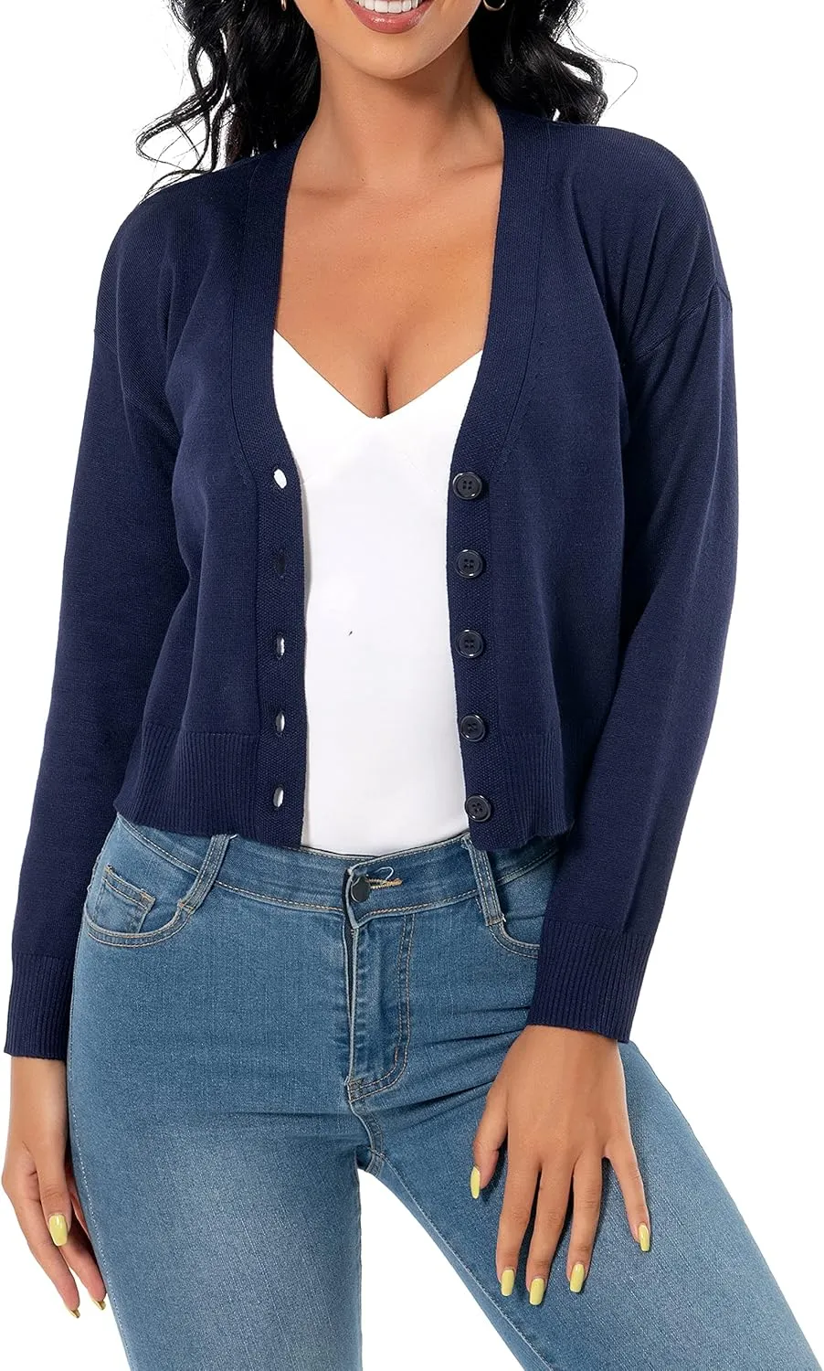 Women's V Neck Long Sleeve Cropped Cardigan Sweaters Solid Button Down Knit Bolero Shrugs
