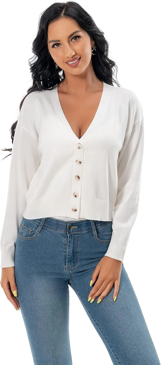 Women's V Neck Long Sleeve Cropped Cardigan Sweaters Solid Button Down Knit Bolero Shrugs