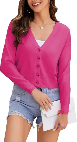 Women's V Neck Long Sleeve Cropped Cardigan Sweaters Solid Button Down Knit Bolero Shrugs