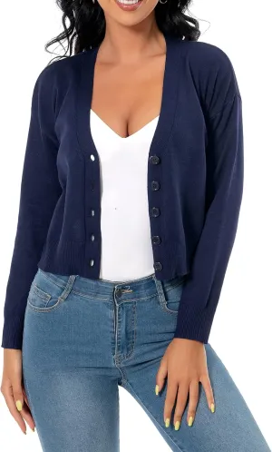 Women's V Neck Long Sleeve Cropped Cardigan Sweaters Solid Button Down Knit Bolero Shrugs