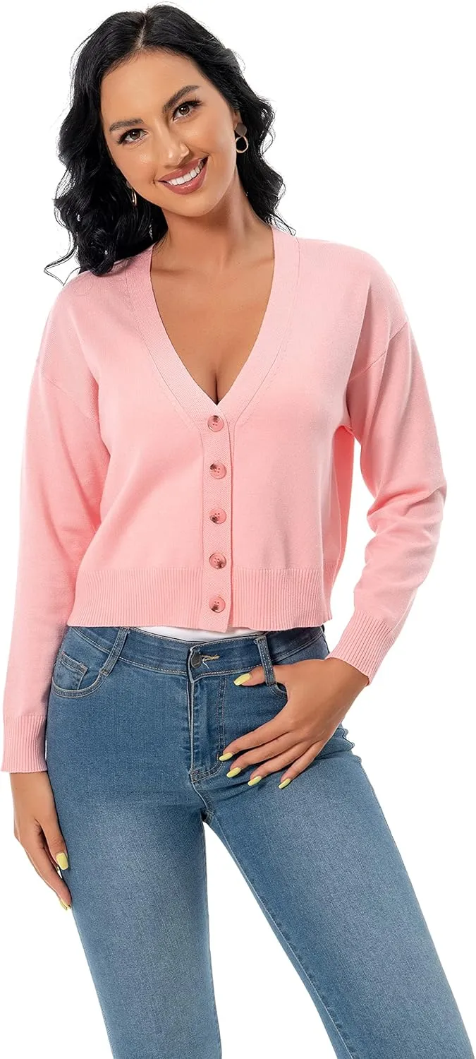 Women's V Neck Long Sleeve Cropped Cardigan Sweaters Solid Button Down Knit Bolero Shrugs