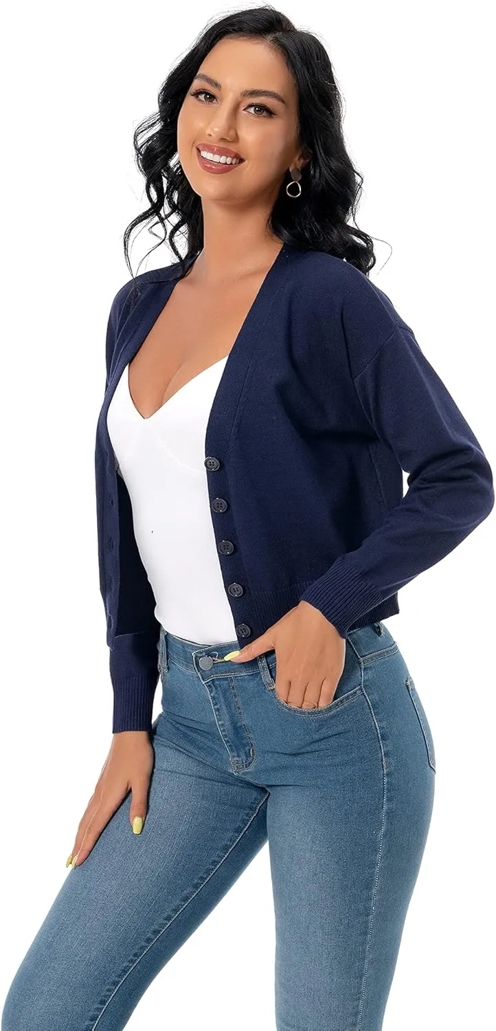 Women's V Neck Long Sleeve Cropped Cardigan Sweaters Solid Button Down Knit Bolero Shrugs