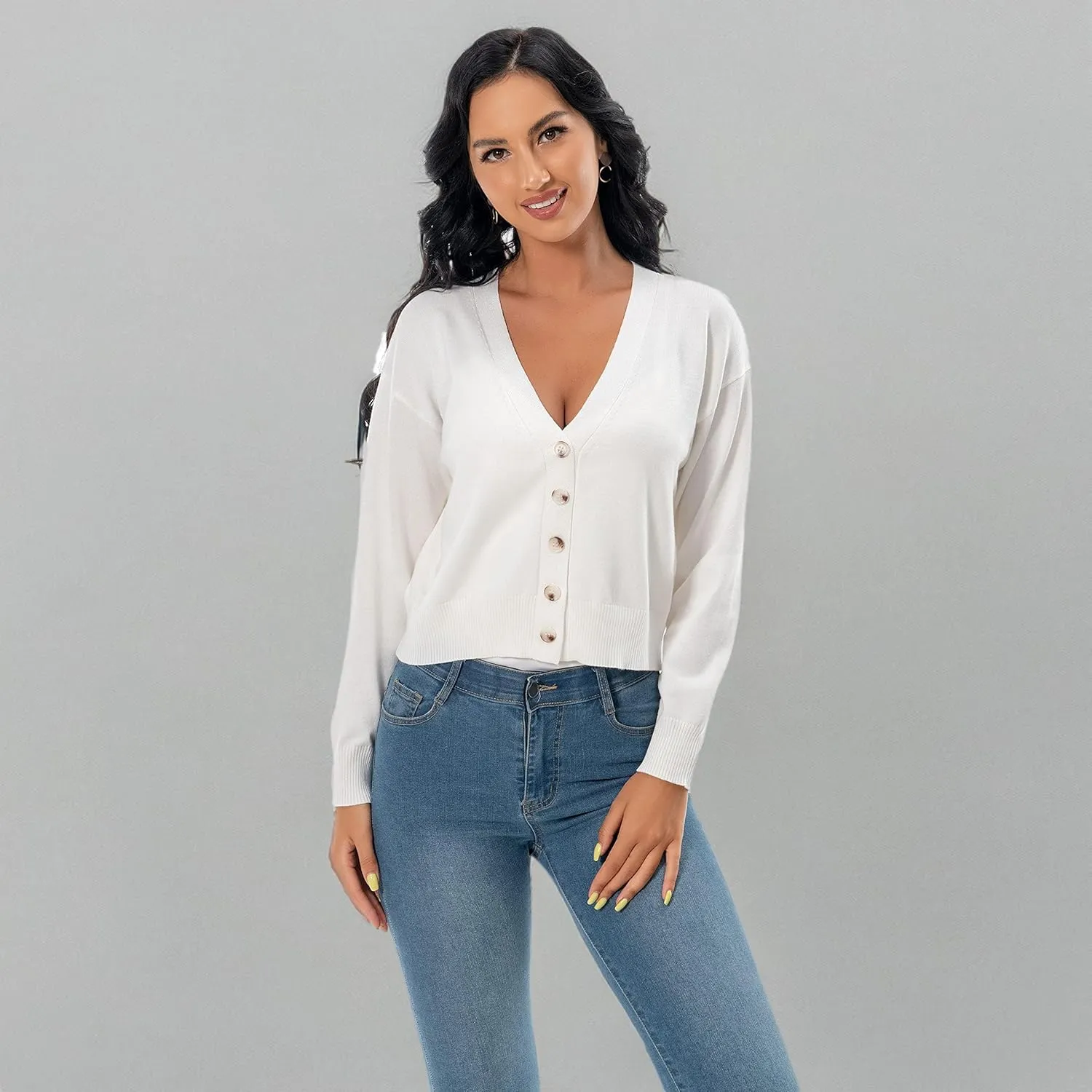 Women's V Neck Long Sleeve Cropped Cardigan Sweaters Solid Button Down Knit Bolero Shrugs