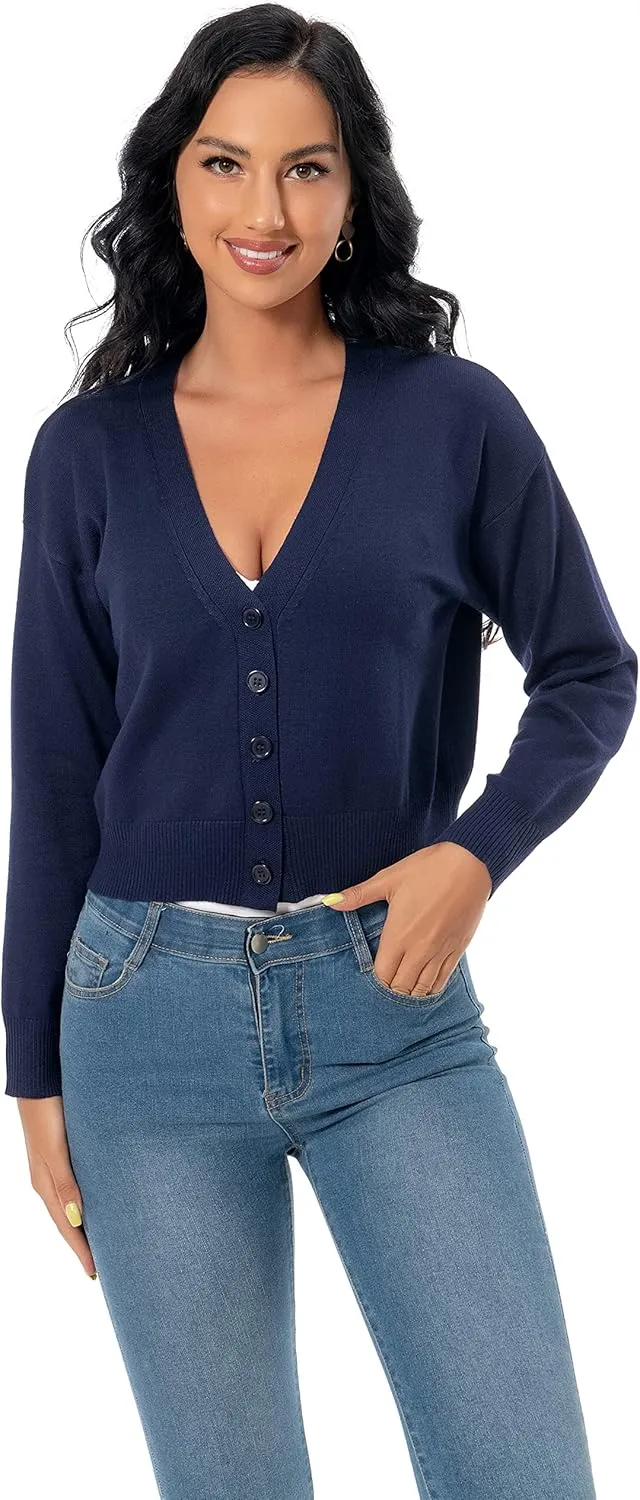 Women's V Neck Long Sleeve Cropped Cardigan Sweaters Solid Button Down Knit Bolero Shrugs