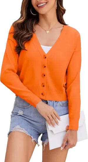 Women's V Neck Long Sleeve Cropped Cardigan Sweaters Solid Button Down Knit Bolero Shrugs