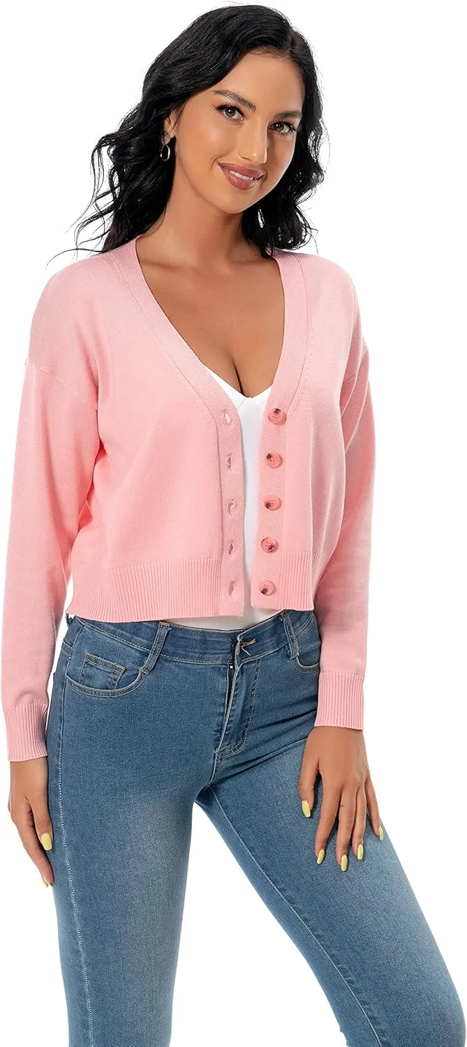 Women's V Neck Long Sleeve Cropped Cardigan Sweaters Solid Button Down Knit Bolero Shrugs