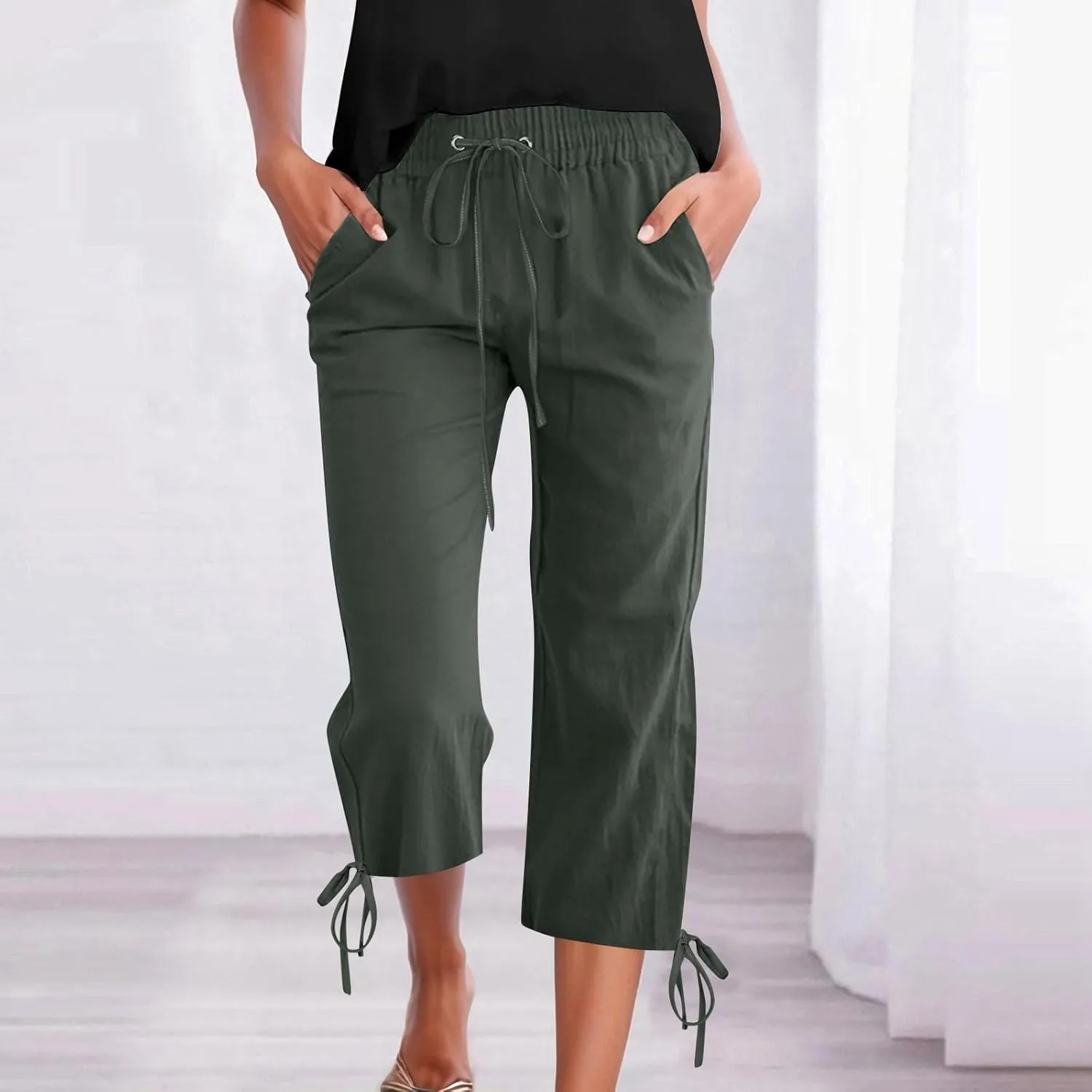 Women's Wide Leg Linen Pants Summer Casual Elastic High Waist Palazzo Pant Dress Tie Knot Trouser with Pocket