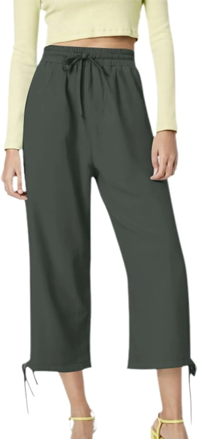 Women's Wide Leg Linen Pants Summer Casual Elastic High Waist Palazzo Pant Dress Tie Knot Trouser with Pocket