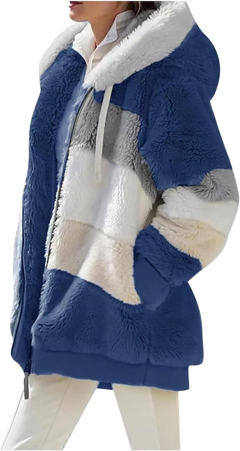 Women's Winter Coats Casual Fleece Jacket Sherpa Fuzzy Faux Shearling Coat Warm Hooded Zip Up Fuzzy Overcoat Outwear