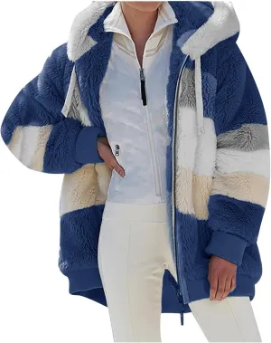 Women's Winter Coats Casual Fleece Jacket Sherpa Fuzzy Faux Shearling Coat Warm Hooded Zip Up Fuzzy Overcoat Outwear