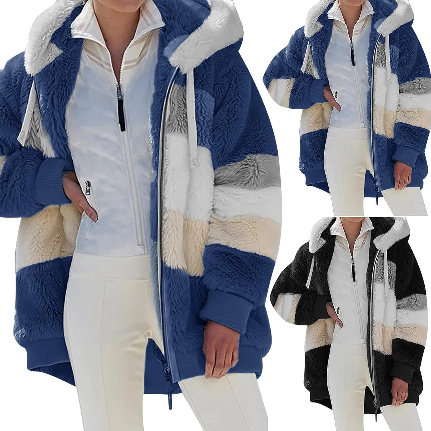 Women's Winter Coats Casual Fleece Jacket Sherpa Fuzzy Faux Shearling Coat Warm Hooded Zip Up Fuzzy Overcoat Outwear