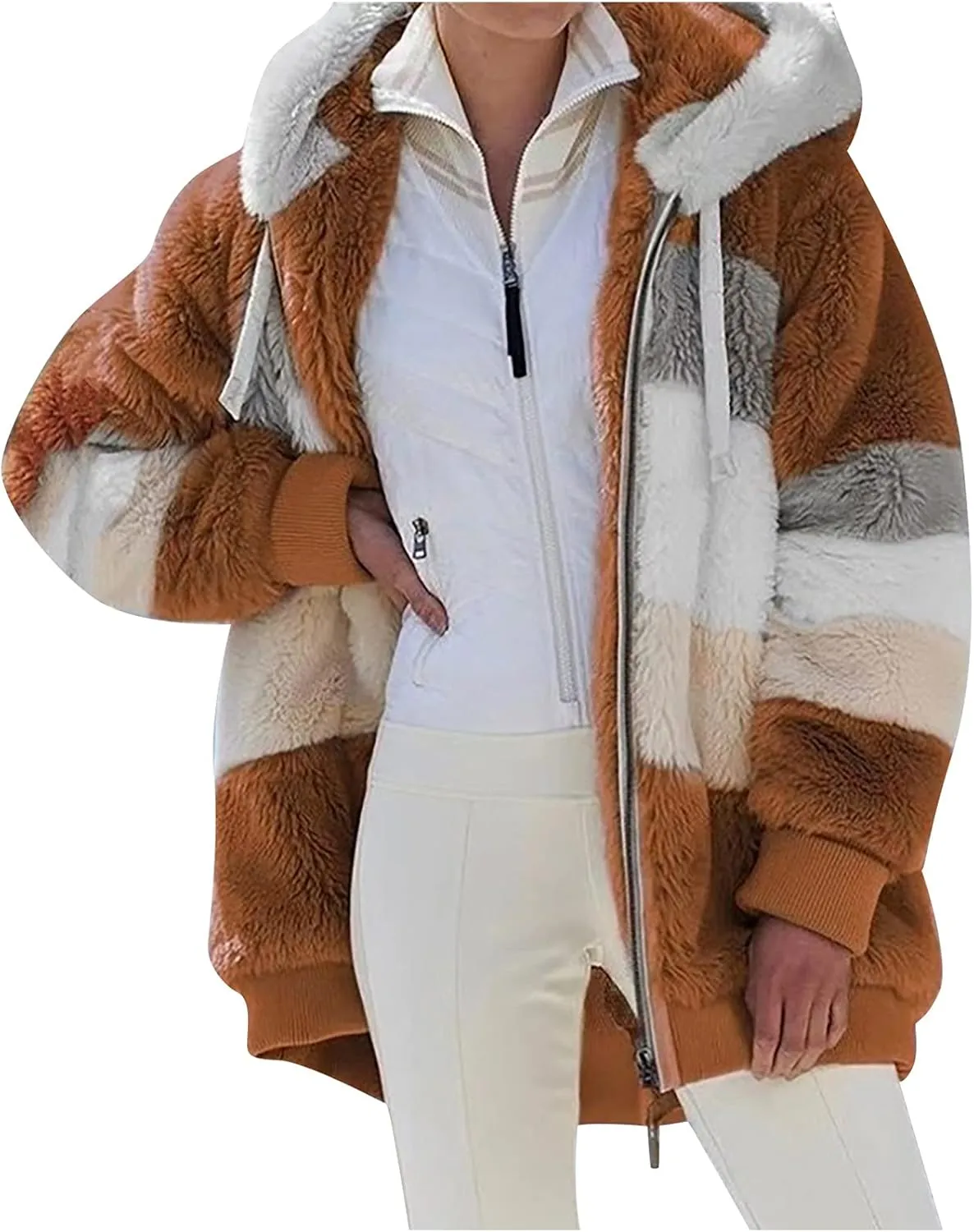 Women's Winter Coats Casual Fleece Jacket Sherpa Fuzzy Faux Shearling Coat Warm Hooded Zip Up Fuzzy Overcoat Outwear