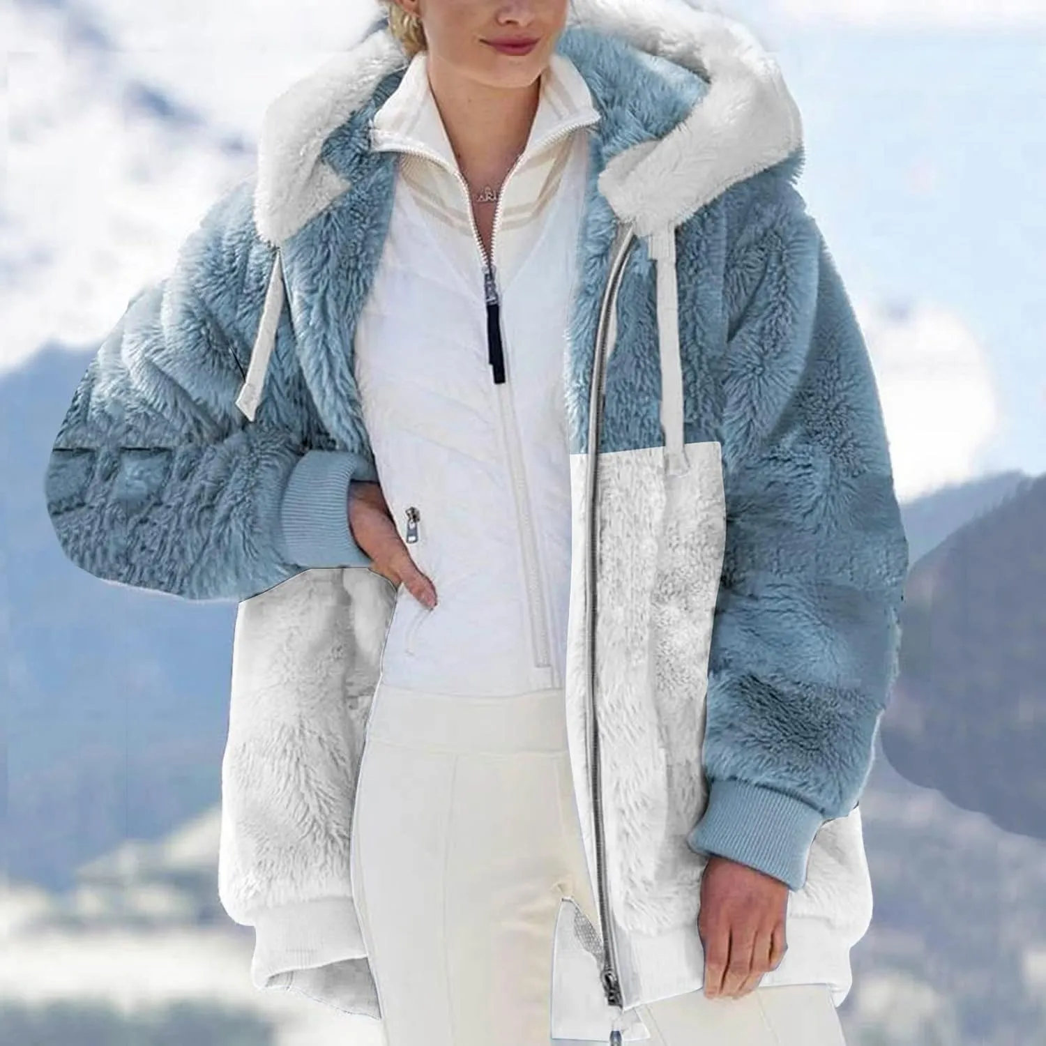 Women's Winter Coats Casual Fleece Jacket Sherpa Fuzzy Faux Shearling Coat Warm Hooded Zip Up Fuzzy Overcoat Outwear