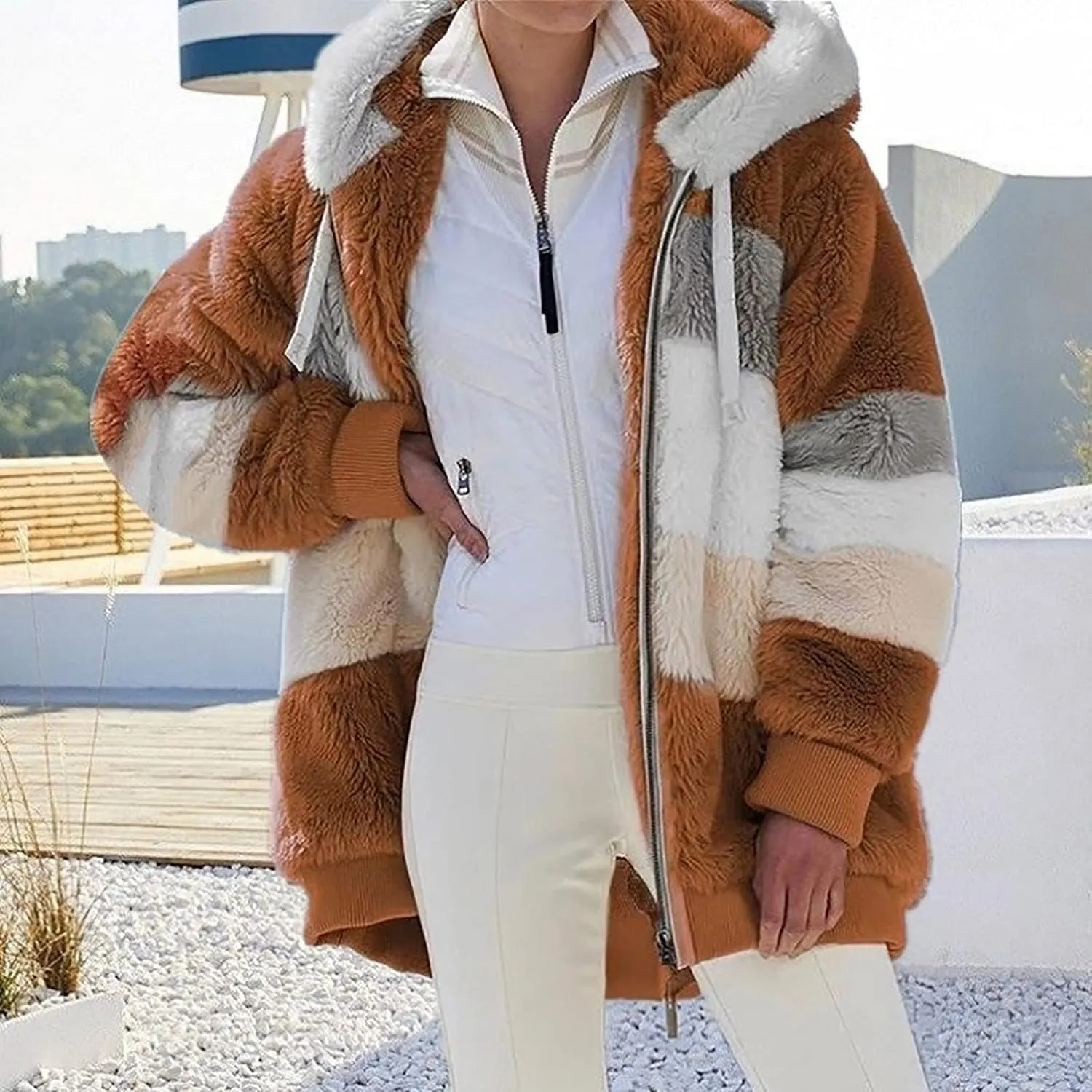 Women's Winter Coats Casual Fleece Jacket Sherpa Fuzzy Faux Shearling Coat Warm Hooded Zip Up Fuzzy Overcoat Outwear