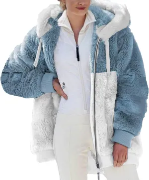 Women's Winter Coats Casual Fleece Jacket Sherpa Fuzzy Faux Shearling Coat Warm Hooded Zip Up Fuzzy Overcoat Outwear
