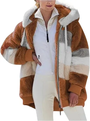 Women's Winter Coats Casual Fleece Jacket Sherpa Fuzzy Faux Shearling Coat Warm Hooded Zip Up Fuzzy Overcoat Outwear