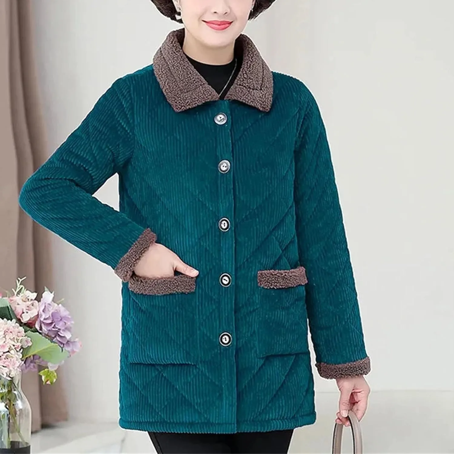 Women's Winter Jackets With Velvet Warm Corduroy Coat Middle-Aged Female Cotton Padded Jacket Outerwear