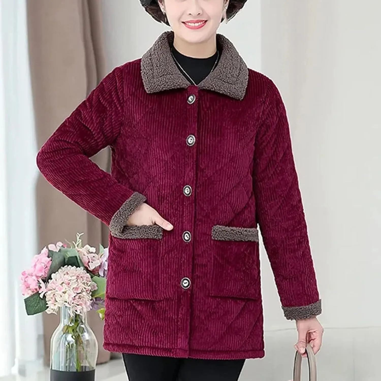 Women's Winter Jackets With Velvet Warm Corduroy Coat Middle-Aged Female Cotton Padded Jacket Outerwear
