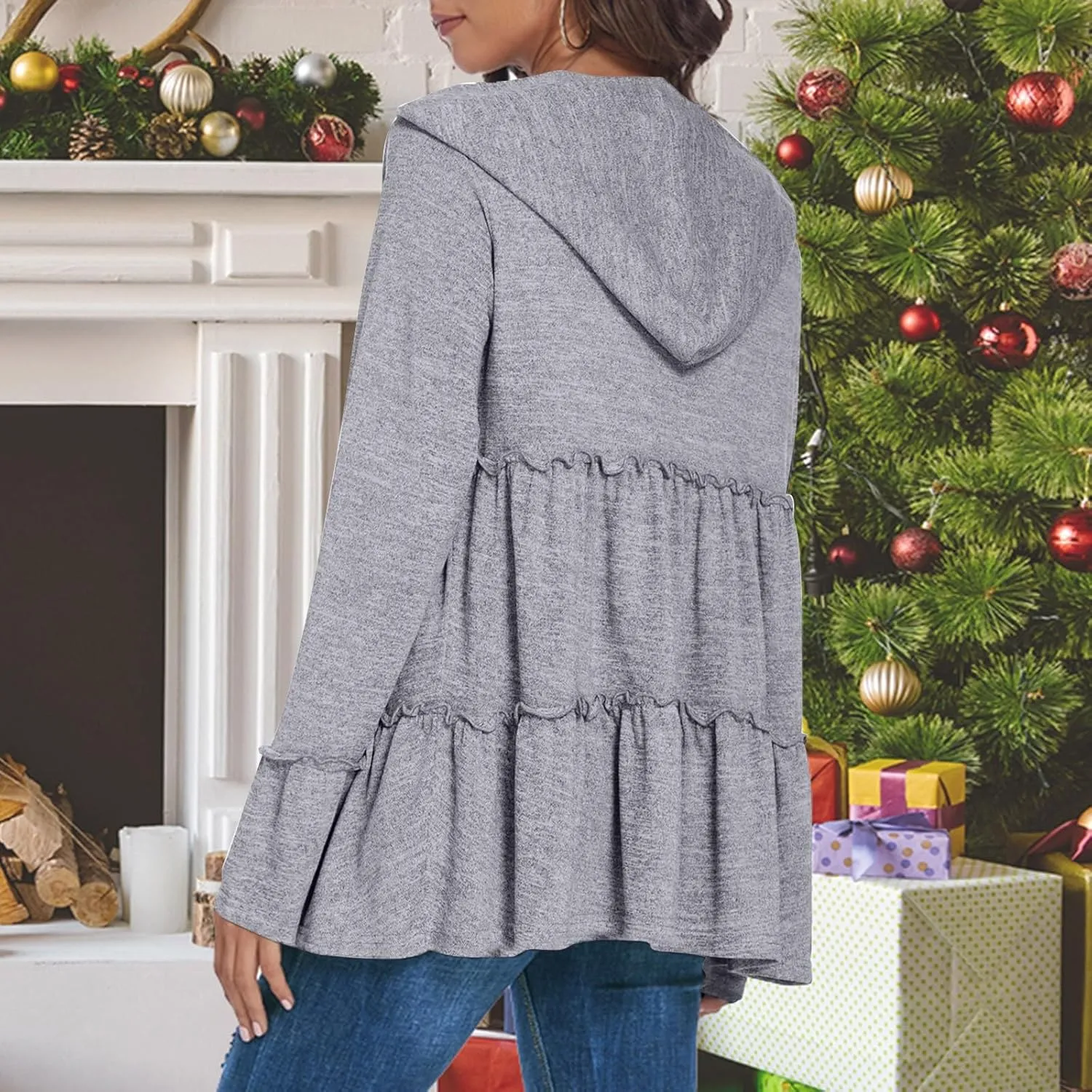 Womens Zip Up Hoodies Lightweight Pleated Tiered Hooded Sweatshirt Casual Long Sleeve Ruffle Pullover Sweaters