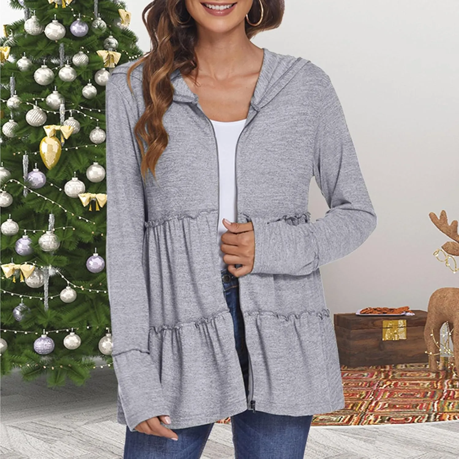 Womens Zip Up Hoodies Lightweight Pleated Tiered Hooded Sweatshirt Casual Long Sleeve Ruffle Pullover Sweaters