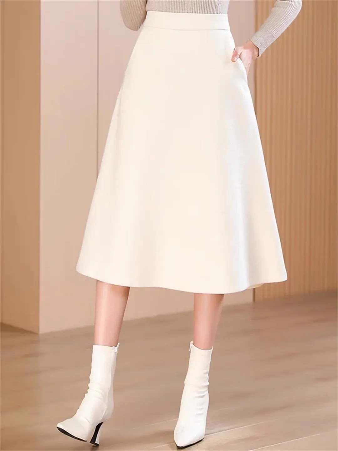 Woolen Skirt for Women's Midi Pleated Umbrella Office Knee Length Skirt