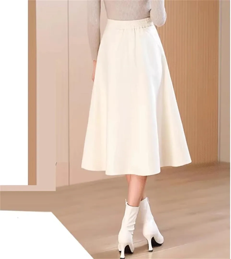 Woolen Skirt for Women's Midi Pleated Umbrella Office Knee Length Skirt