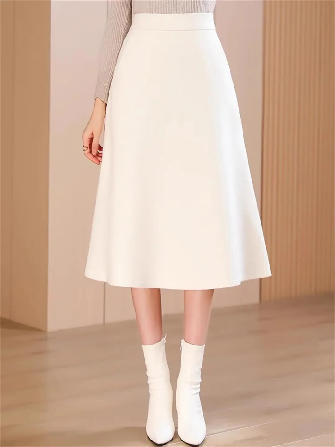 Woolen Skirt for Women's Midi Pleated Umbrella Office Knee Length Skirt