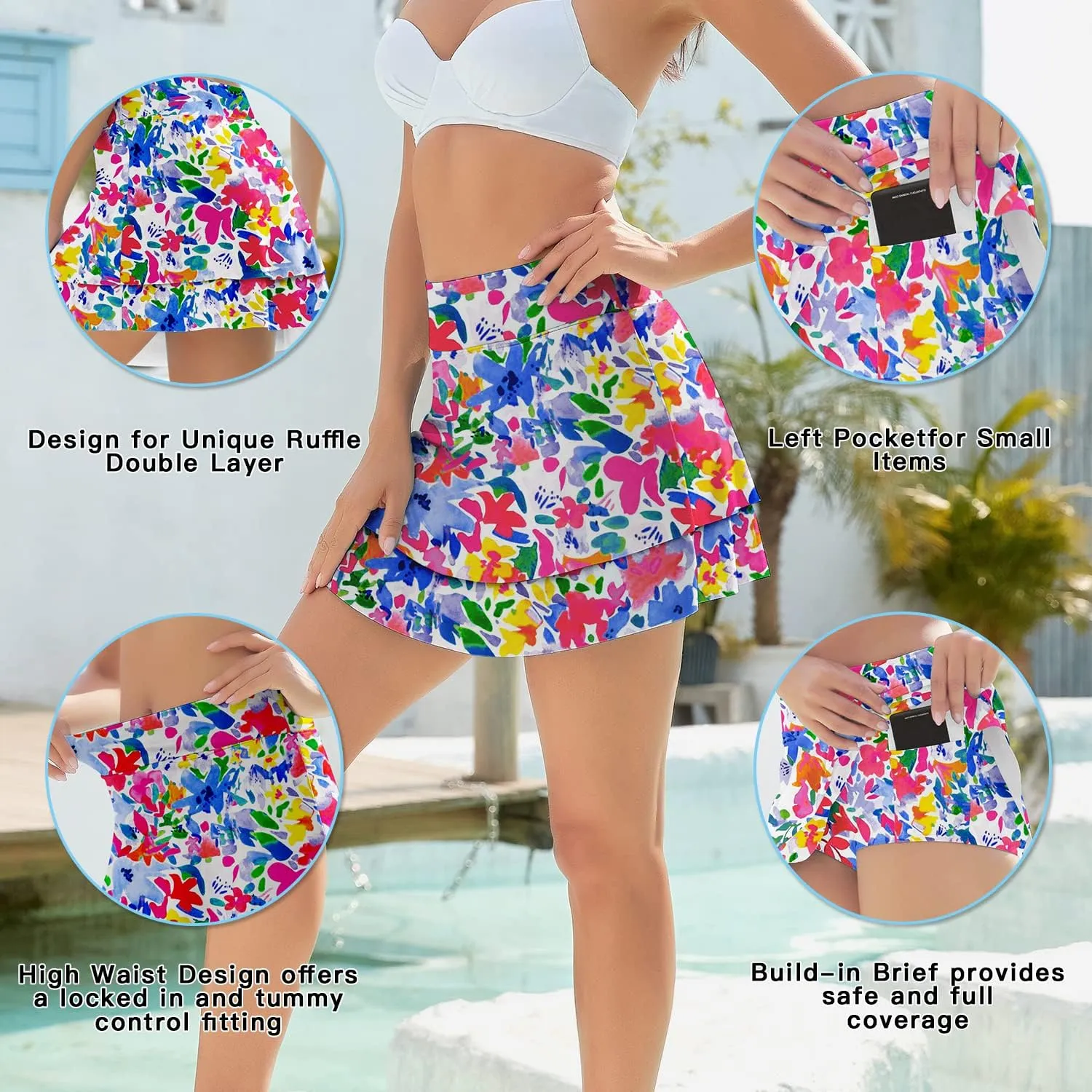 WOWENY Women's Swim Skirts Swimsuit High Waist Swimming Skorts with Shorts Bikini Bottoms with Pocket Bathing Suit Bottoms