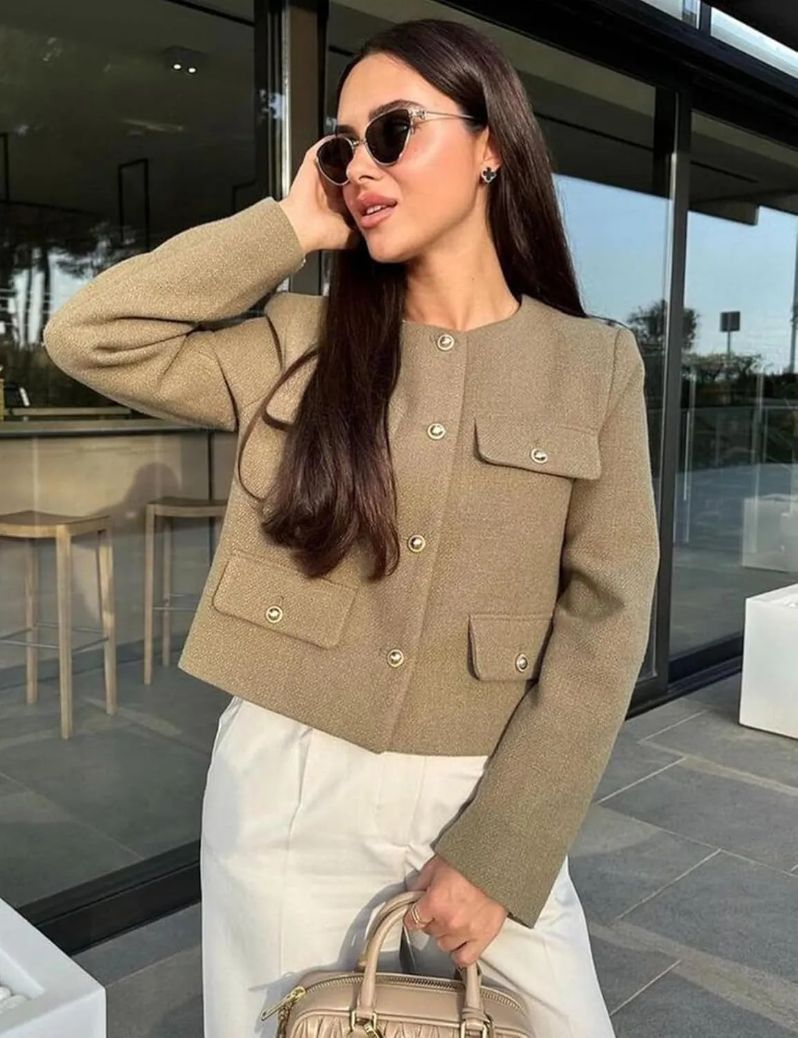 Wyeysyt Tweed Blazers for Women Collarless Tweed Jackets Button Down Crop Blazer Jacket Business Outfits with Pockets