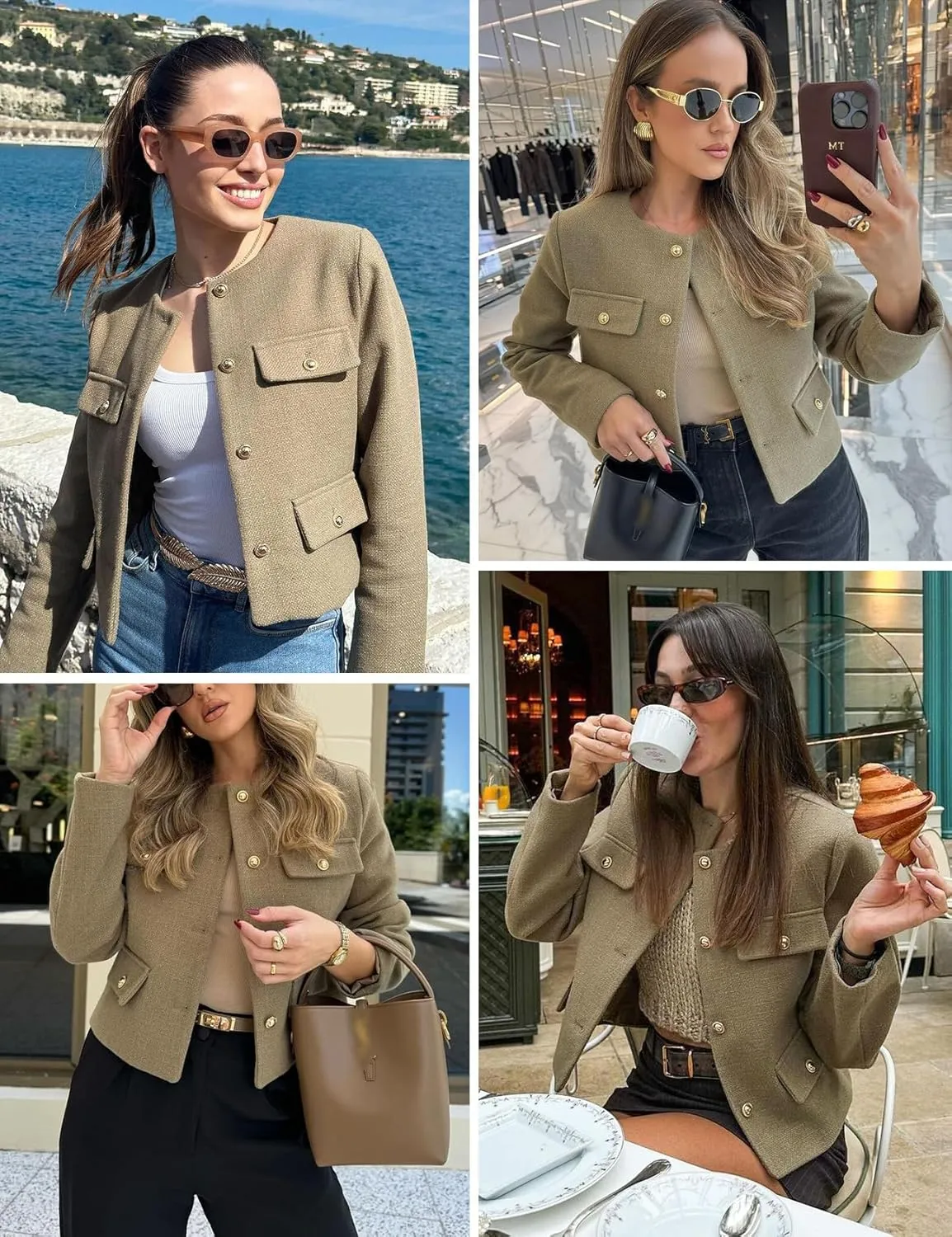 Wyeysyt Tweed Blazers for Women Collarless Tweed Jackets Button Down Crop Blazer Jacket Business Outfits with Pockets