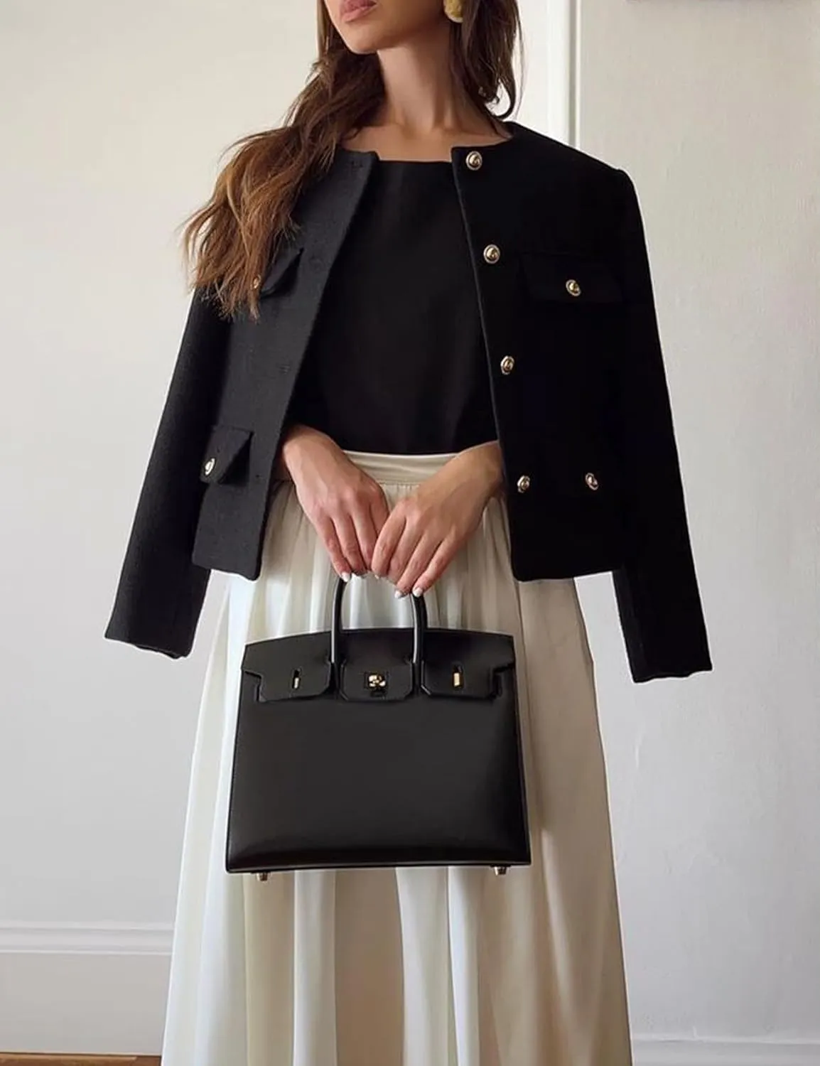 Wyeysyt Tweed Blazers for Women Collarless Tweed Jackets Button Down Crop Blazer Jacket Business Outfits with Pockets