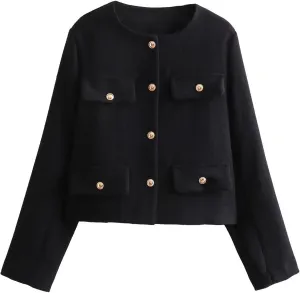 Wyeysyt Tweed Blazers for Women Collarless Tweed Jackets Button Down Crop Blazer Jacket Business Outfits with Pockets
