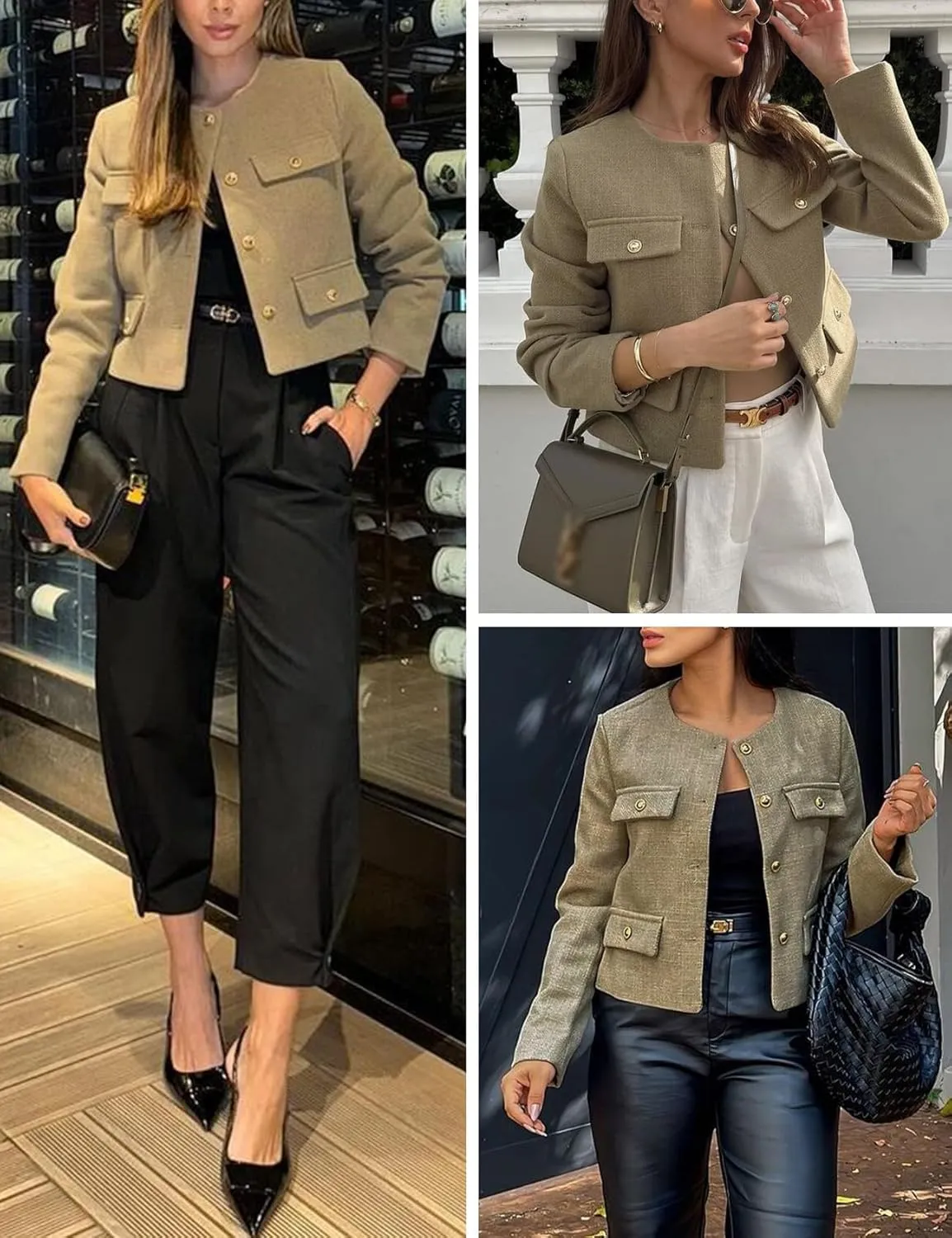 Wyeysyt Tweed Blazers for Women Collarless Tweed Jackets Button Down Crop Blazer Jacket Business Outfits with Pockets