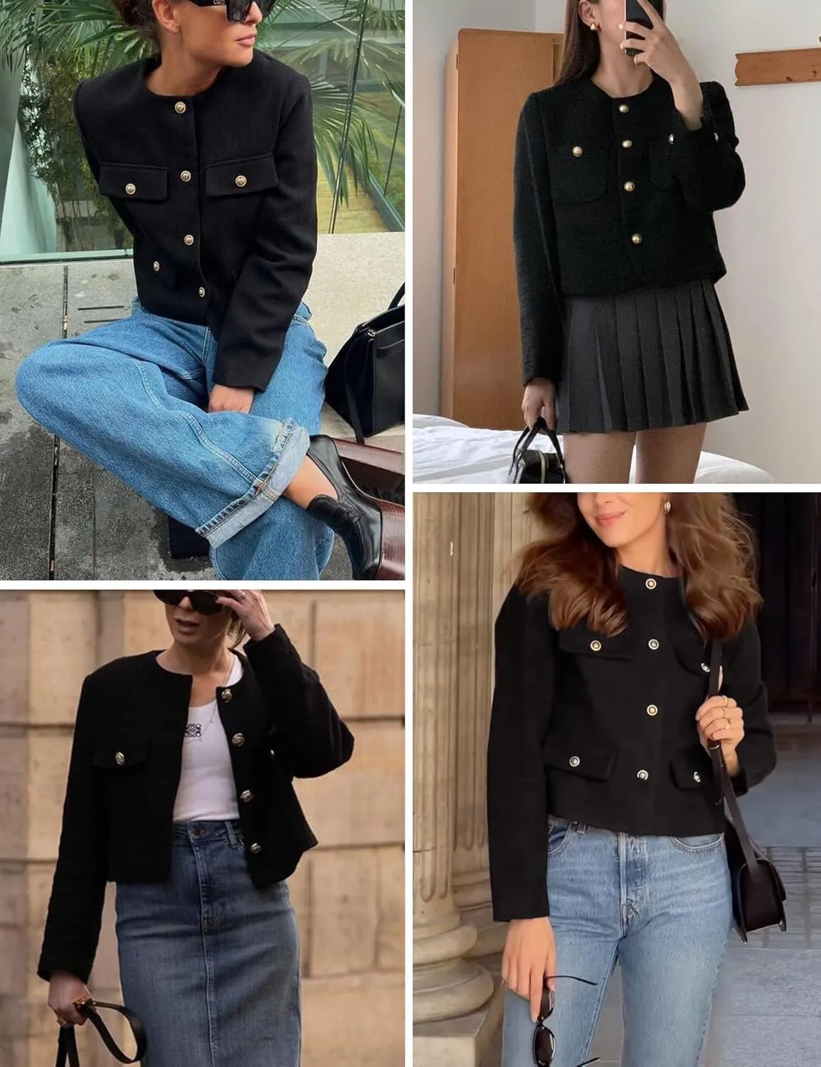 Wyeysyt Tweed Blazers for Women Collarless Tweed Jackets Button Down Crop Blazer Jacket Business Outfits with Pockets