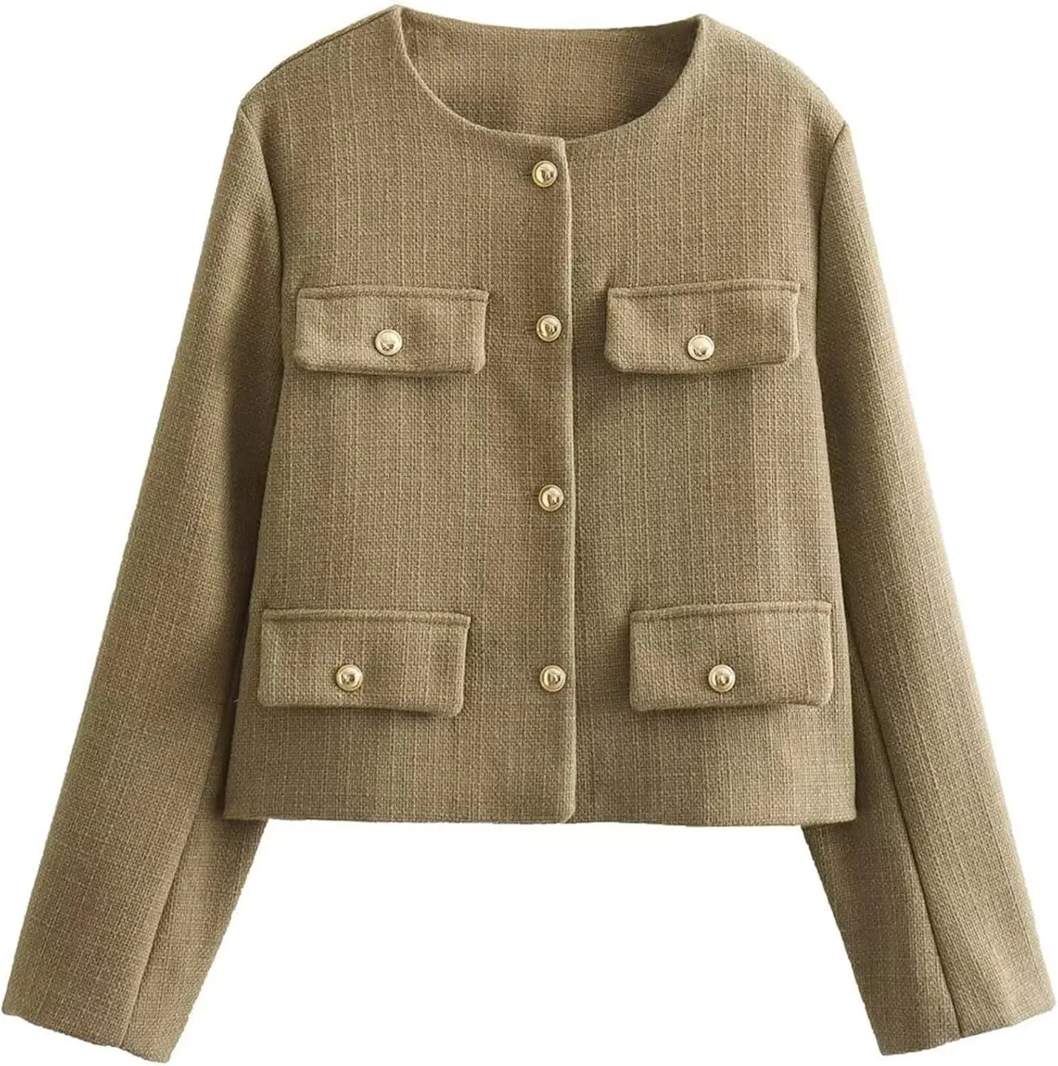 Wyeysyt Tweed Blazers for Women Collarless Tweed Jackets Button Down Crop Blazer Jacket Business Outfits with Pockets