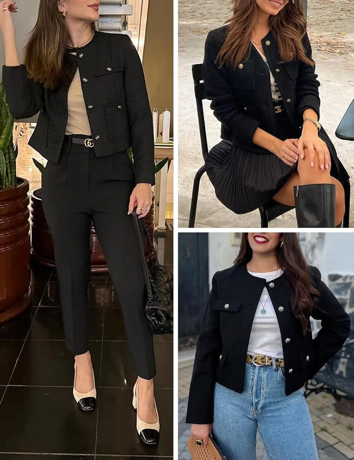 Wyeysyt Tweed Blazers for Women Collarless Tweed Jackets Button Down Crop Blazer Jacket Business Outfits with Pockets