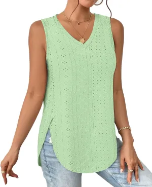 XIEERDUO Womens Tank Tops V Neck Eyelet Embroidery Casaul Sleeveless Shirts