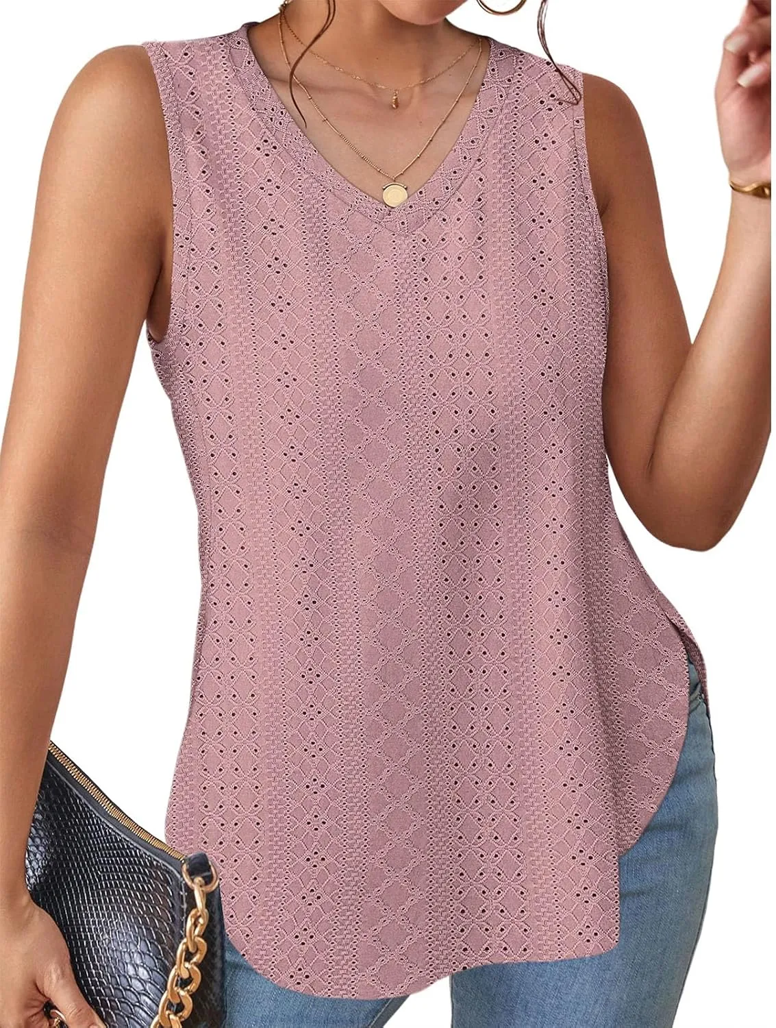 XIEERDUO Womens Tank Tops V Neck Eyelet Embroidery Casaul Sleeveless Shirts