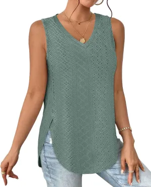 XIEERDUO Womens Tank Tops V Neck Eyelet Embroidery Casaul Sleeveless Shirts