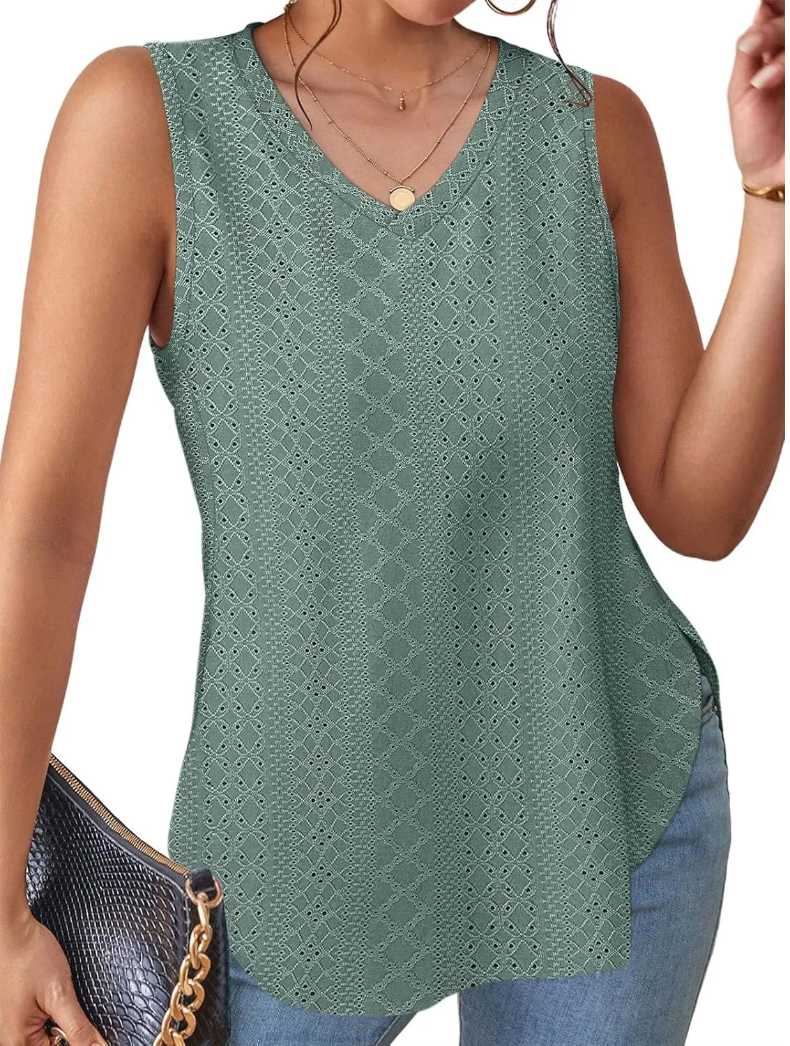XIEERDUO Womens Tank Tops V Neck Eyelet Embroidery Casaul Sleeveless Shirts